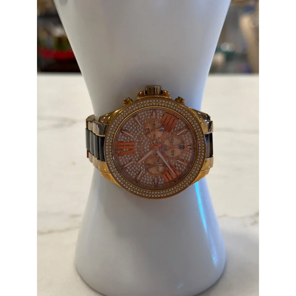 Michael Kors Wren Pave Crystal Chronograph Watch Rose Gold Tortoise